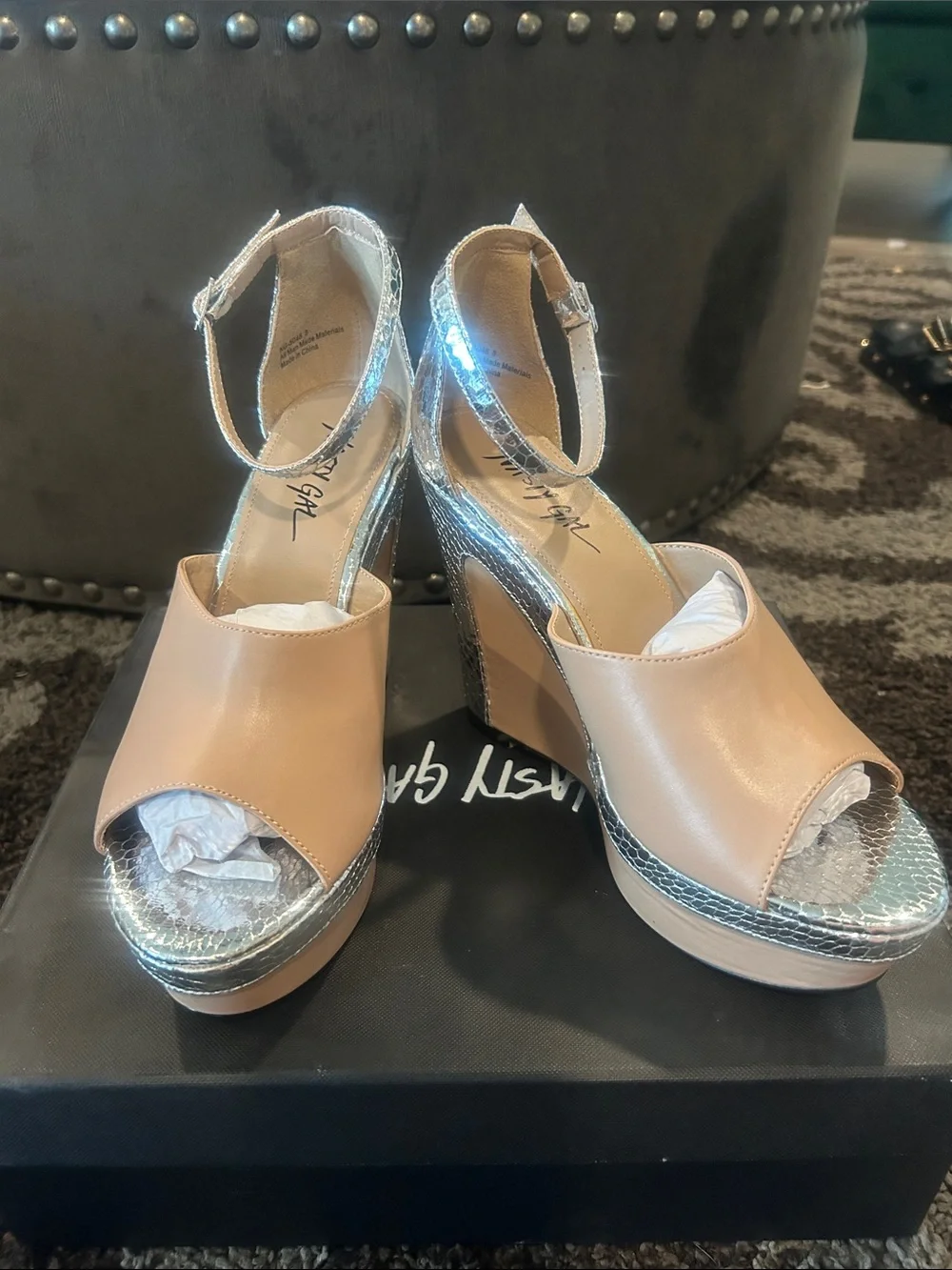 Nasty Gal Nude and Silver Snakeskin Platform Wedges